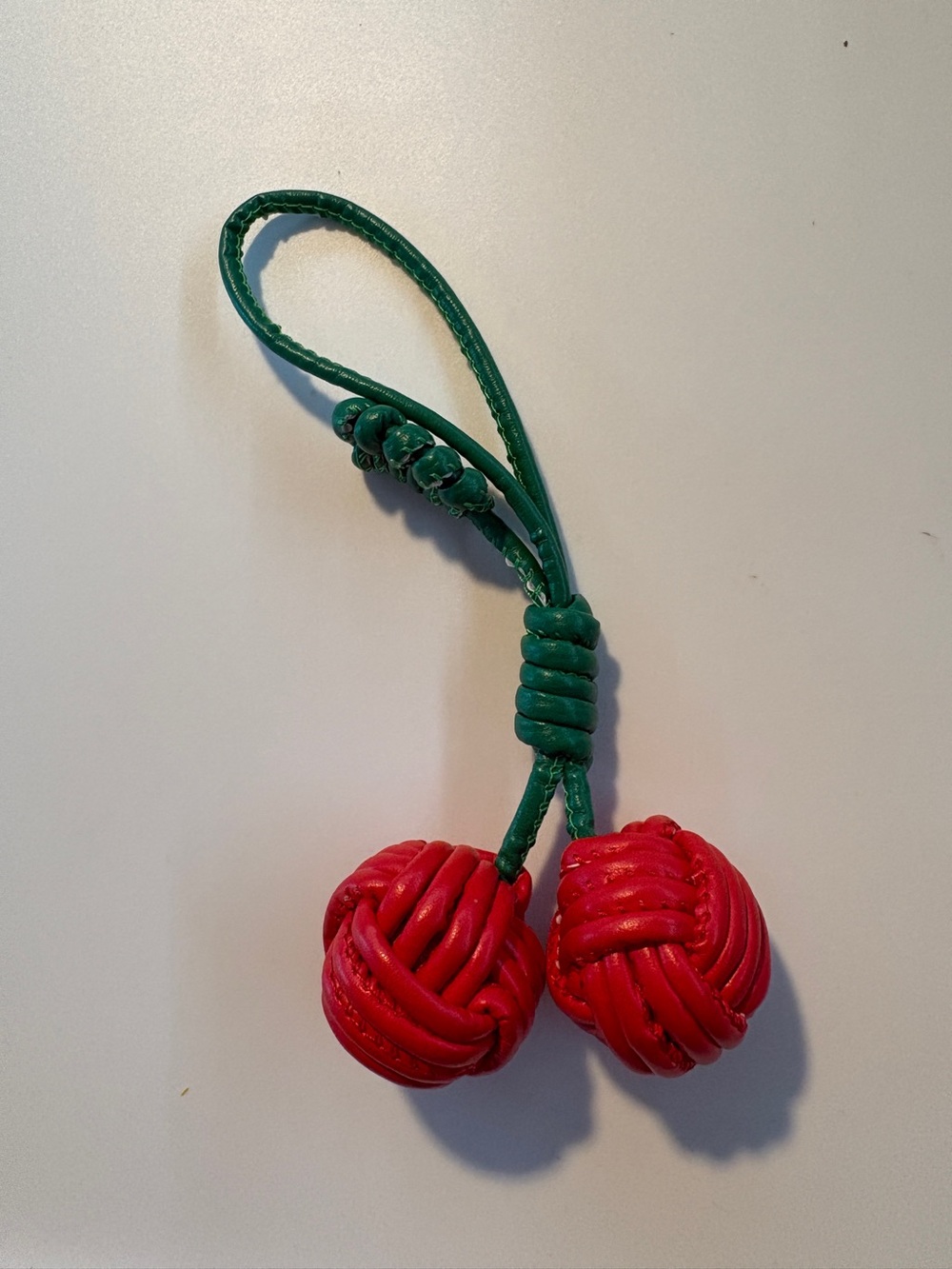 Handmade Red Cherry Knot Keychain with Green Loop
